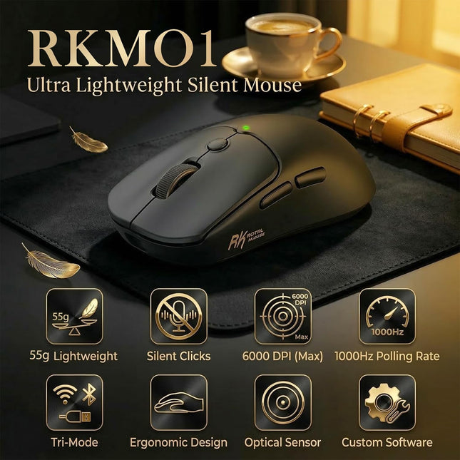 Wireless Mouse, 55g Ultra-Lightweight Computer Mice, 6 Programmable Buttons, Quiet Click, 2.4GHz/Bluetooth/Wired, 6000 DPI Optical Sensor, Black