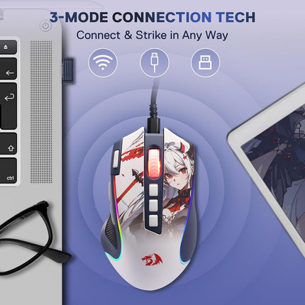 PRO RGB Anime Gaming Mouse, 8000 DPI Wired/Wireless Optical Mouse with 9 Programmable Buttons & 7 Backlit Modes, BT & 2.4G Wireless, Software Supports DIY Keybinds Rapid Fire Button