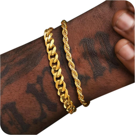PEALICIOUS Bracelets for Men Jewelry as 2 PCS Silver/Gold Bracelet for Men Chain, 7-10In Stainless Steel Bracelets for Men Fathers Days Gifts for Boys Pulseras Para Hombres Mens Accessories