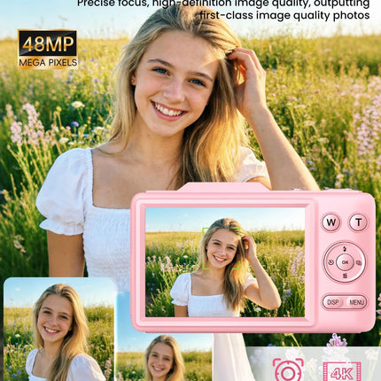 Digital Camera 4K Autofocus Vlogging Camera for Photography with 16X Zoom Anti Shake, 32GB Card, 48MP Compact Portable Point and Shoot Camera for Kids Boys Girls Teens Beginner（Pink）
