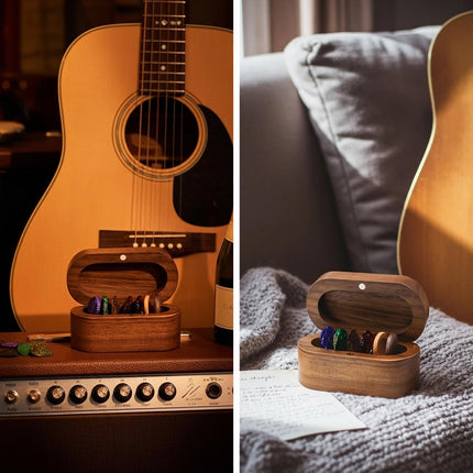 Guitar Pick Holder Set with 2 Color Wood Picks and 8 Celluloid Picks in 3 Thicknesses, Wooden Guitar Pick Case, Mini Jewelry Box, Guitar Music Accessories for Guitar Lover Player