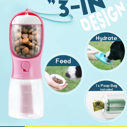 3-in-1 Portable Dog Water Bottle with Treat Container, 10oz