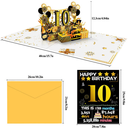 Joycard 10th Birthday Card for Girl Boy, 3D Pop Up Happy Birthday Gift for Daughter Son, Funny 10 Year Old Birthday Decorations for Grandson Granddaughter, Back in 2016 Laser Gold Retro Theme