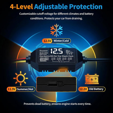 Dash Cam Hardwire Kit USB C with LED Voltage Display,4-Level Adjustable Low Voltage Protection (11.6V-12.5V),3-Lead Acc Power Cable for 24/7 Parking Mode,12V-24V to 5V/3A Adapter for Dash Camera,GPS