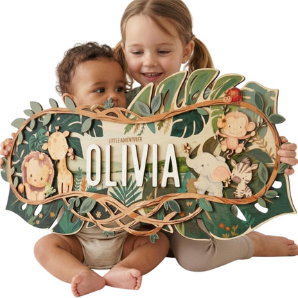 Custom Safari Nursery Name Sign - Personalized Wooden Baby Name Sign with Jungle Animals - 3D 2-Layer Birch Wood Wall Decor for Boy & Girl Room, Unique Gift for Baby Shower