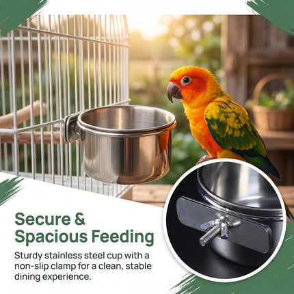 4pcs Stainless Steel Bird Food & Water Bowls with Clamp Holders - 3.9 * 1.7" Durable Cage Feeders for Parrots, Conures, Budgies, Parakeets, Lovebirds - Easy-Clean Pet Bird Feeding Cups