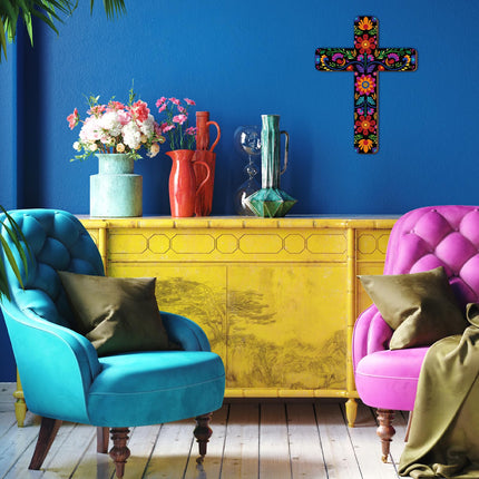 Floral Mexican Cross Wall Decor Day of The Dead Wall Art, 12x8.8in