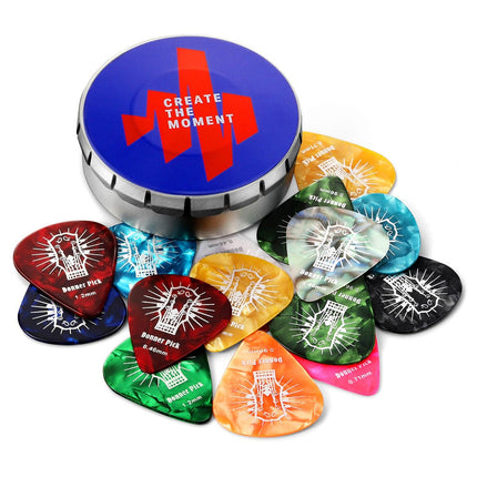 Guitar Picks Holder, with Picks Case 3 Pack, 10pcs Guitar Picks Contains Thin, Medium, Heavy Picks, 9pcs 3M Stickers, Suitable for Acoustic Guitar Electric Guitar Bass Ukulele Banjo