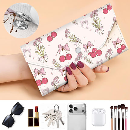 Cash Envelope Wallet, Reusable Budget Money Wallet, Cute PU Leather Money Saving Wallet with 4 Dividers & 1 Sheet Category Stickers Cherry Floral