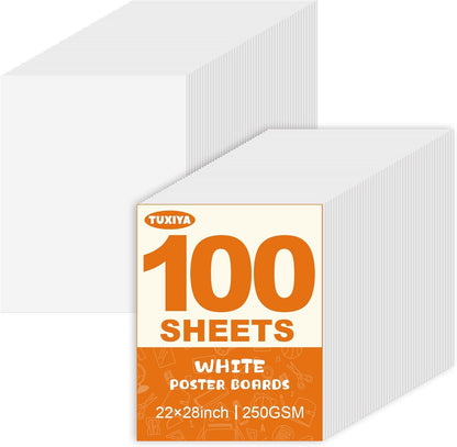 100 Pack White Poster Board,22" x 28" White Poster Paper Bulk,250GSM/92LB Heavy-Weight Blank Poster Board for