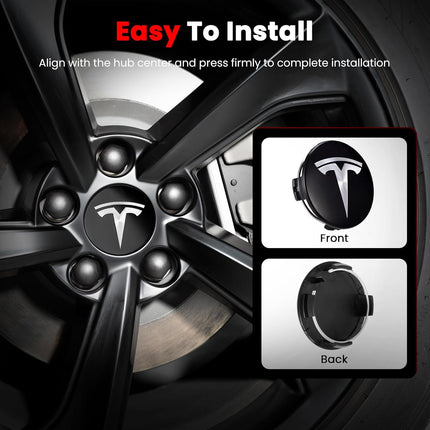 4 Pack Car Wheel Center Hub Cap Kit with 22 Lug Nut Covers, 2.2 in (56mm) Wheel Rim Covers Center Hubcaps with Emblem for Model 3 / Model Y, Black & Silver Exterior Decoration for Tesla