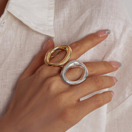 Chunky Irregular Hollow Oval Statement Ring For Women Adjustable Open Band Geometric Fashion Jewelry Gold Tone Or Silver Tone