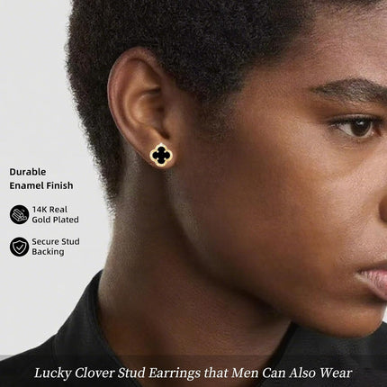 Elegant Black Onyx Clover Stud Earrings, 14K Gold Plated Four Leaf Hypoallergeinc Stud Stainless Steel Flower Earring Lucky Simple Jewelry Gift for Women Shiny Multiple Onyx Colors