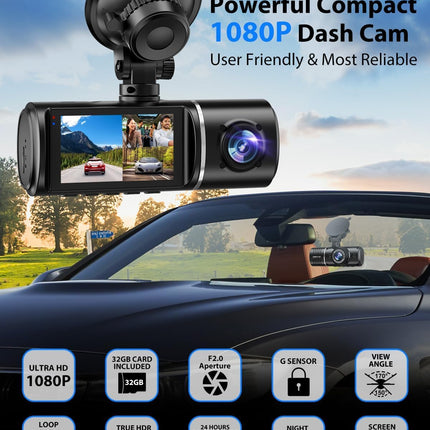 Dash Cam Front and Rear, 1080P Dash Camera for Cars, 3 Channel Car Camera Front Rear and Inside with 32GB Card, Loop Recording, Night Vision, HDR, 24Hr Parking, G-Sensor