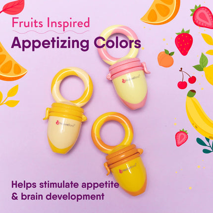 Baby Food Feeder/Fruit Feeder Pacifier Nibbler (2 Pack) - Infant Teething Toy Teether Weaning in Appetizing Colors | + Additional Silicone Sacs