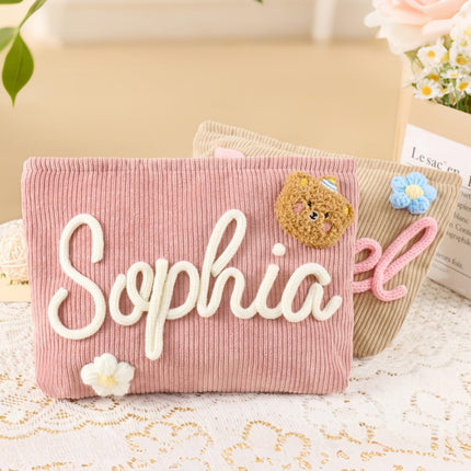 Personalized Corduroy Bag for Girls Women with FREE NAME, Custom Cute Makeup Bags, Travel Toiletry Organizer Pouch, Birthday, Bachelorette Mothers' Day Gift