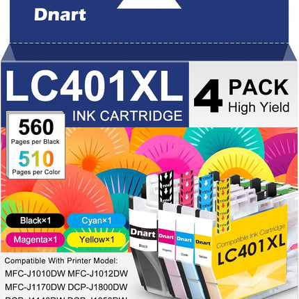 LC401XL LC401 Ink Cartridges for Brother Printer MFC-J1010DW LC 401XL 401 XL Ink Cartridge Compatible for MFC J1010DW MFC-J1170DW MFC-J1800DW MFC-J1012DW Series Printer, LC401 XL Upgraded (4 Pack)