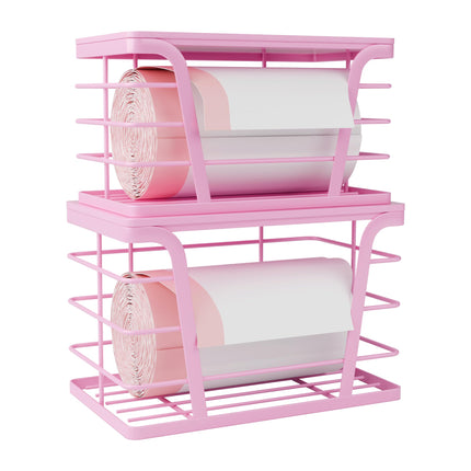 2 Pack Stackable Storage Laundry Kitchen Organizers, Wall Mount Trash Bag Holder with Bamboo Top and Garbage Bag Dispenser No Drill