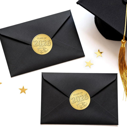 Graduation Class of 2026 Stickers 2 Inch 100Pcs Gold Embossed 2026 Graduation Cap Diplomas Stickers Gold Foil Grad Sticker for Envelopes Seals Cards Announcements Grad Party Favors