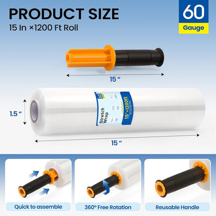 Stretch Film Wrap 15 Inch x 1200 Feet Self-Adhering Shrink Wrap Roll with Plastic Handles Industrial Strength up to 500% Stretch Wrap for Moving, Packing, Pallet Wrapping (2 Rolls, 60 Gauge)