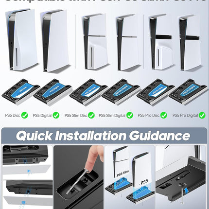 PS5/Slim/Pro Stand for Disc & Digital Console, PS5 Cooling & Charging Station with RGB Lights, PS5 Controller Charger Built-in 3 Level & AUTO Adjustable Fan, PS5/Slim/Pro Accessories Comes 3 USB Ports