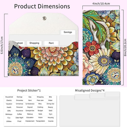 PU Leather Cash Envelopes Wallet, Reusable Money Savin Wallet, Cute Budget Envelope with 4 Dividers & 1 Sheets Budget Labels Floral Mandala