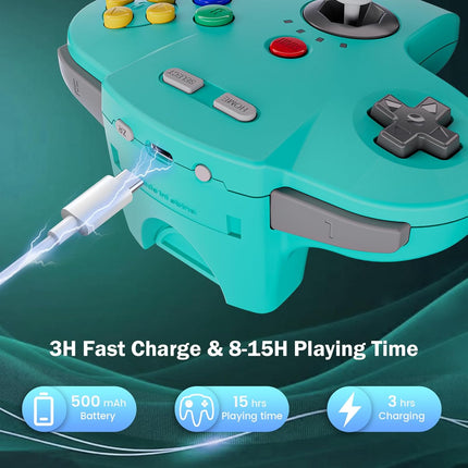 KIWITATA 2 Pack N64 Wireless Controller for Switch System, 2.4GHZ Rechargeable Wireless N64 Remote Joystick Game Controller for N64 Console, MAC, Raspberry Pi, Windows PC(7,8,10,11) Turquoise