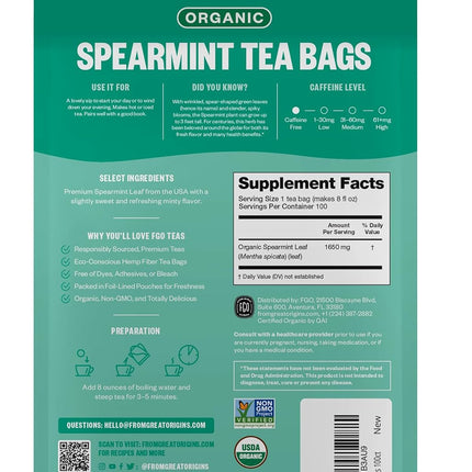 FGO Organic Spearmint Leaf Tea, 100 Count, Eco-Conscious Tea Bags, Caffeine Free, Resealable Bag, Packaging May Vary (Pack of 1)