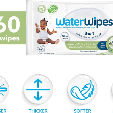 WaterWipes Sensitive+ Baby & Toddler Wipes, 3-In-1 Cleans, Cares, Protects, 99.9% Water, Textured Clean, Unscented & Hypoallergenic, 60 Count (1 Pack)