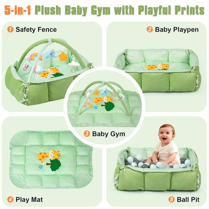 5-in-1 Tummy Time Mat Baby Activity Gym with Cartoon Pattern, Extra Thick Plush Play Floor Mat, Featuring Hanging Toys, Sensory Development Gym & Lovely Gift for Newborn Baby, Giraffe