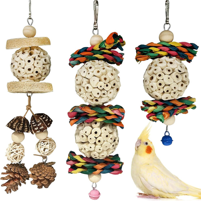 Hanging Bird Toy Sola Balls 3PCS Parrot Shredder Balls Natural Parakeet Foraging Toy Wood Bird Cage Chew Toys for