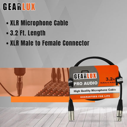 Gearlux XLR Microphone Cable, Fully Balanced, Male to Female, 3.2 Feet - Single Pack