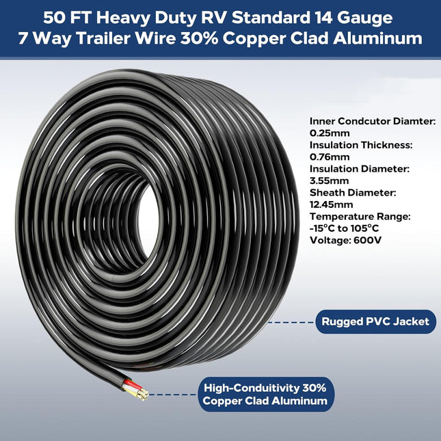 50FT 7-Way 14 Gauge Trailer Wiring Harness