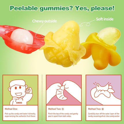 AMOS Peelerz Exotic Fruit Peelable Gummy Candy, 5 Tropical Flavors Mango Peach Banana Pineapple Lychee, 8.47oz Box 10 Individual Packs, Easter Basket Stuffers Fun Egg Hunt Treats with Real Fruit Juice