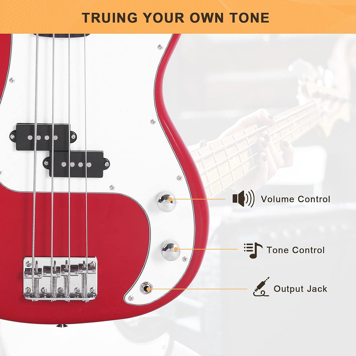 Full Size 4 String Electric Bass Guitar, Red Fire Style - photo 5