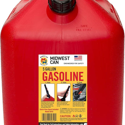 Midwest Can 5610 Safe-Flo Auto Shut Off 5 Gallon Gas Can – Durable Fuel Containers with FlameShield Safety System & Quick-Flow Spout - Red - 1 Pack