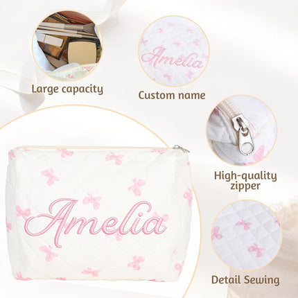 Personalized Large Quilted Makeup Bag with Embroidered Name, Custom Cotton Toiletry Cosmetic Pink Pouch, Monogram Travel Floral Organizer for Women Girl Bachelorette Party Birthday Christmas Gift