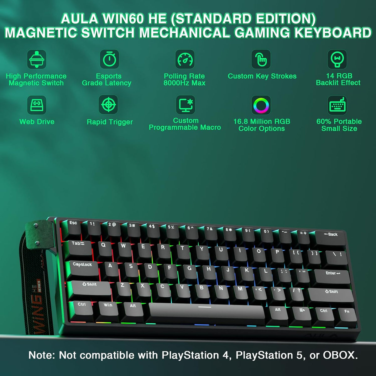 60% Mechanical Gaming Keyboard Wired, Magnetic Switch Hot Swappable, Adjustable Actuation Rapid Trigger - photo 2
