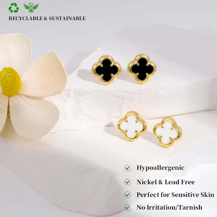 Elegant Black Onyx Clover Stud Earrings, 14K Gold Plated Four Leaf Hypoallergeinc Stud Stainless Steel Flower Earring Lucky Simple Jewelry Gift for Women Shiny Multiple Onyx Colors