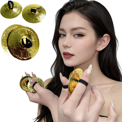 2 Pairs Engraved Belly Dance Finger Cymbals (Zills) - Heavy Brass Tribal Cymbals for Women, Performers & Practice (Gold)