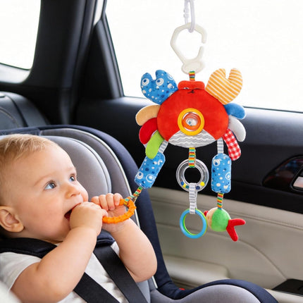 Roadtrip Car Seat Toys for Baby 6-12 Months, Infant Travel Sensory Toys with Clip, Soft Montessori Hanging Plush Toys Wind Chime, Teether, Rattle, Squeaky for Newborn Boy Girl Gifts