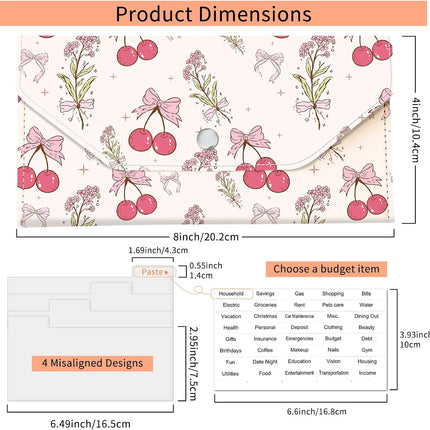 Cash Envelope Wallet, Reusable Budget Money Wallet, Cute PU Leather Money Saving Wallet with 4 Dividers & 1 Sheet Category Stickers Cherry Floral