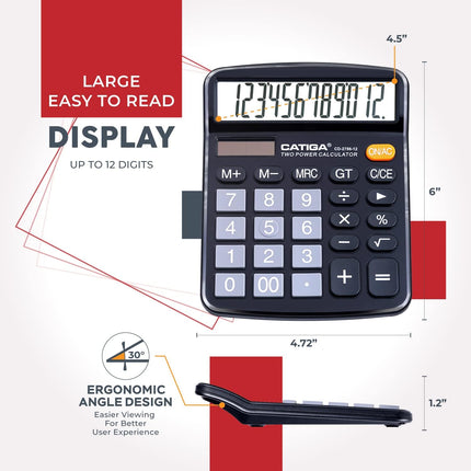 CATIGA 12 Digit Desk Calculator, Desktop Calculators with Large LCD Display & Big Buttons, Dual Power Solar & Battery, Standard Basic 4 Function Calculator for School, Office, Home