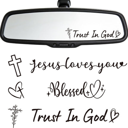 6 Pcs Trust in God Rearview Mirror Stickers, Christian Car Decals for Faith Inspiration, Jesus Loves You Cross Vinyl Mirror Sticker for Cars Auto Window Laptop Decorations (Black)