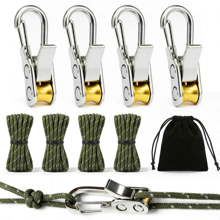 8 Pack Rope Tensioner Set with Alloy Buckles and Storage Bag, Adjustable Tie Down Ropes for Tent, Tarp, Hammock, Clothesline, Luggage & Outdoor Use (Green)