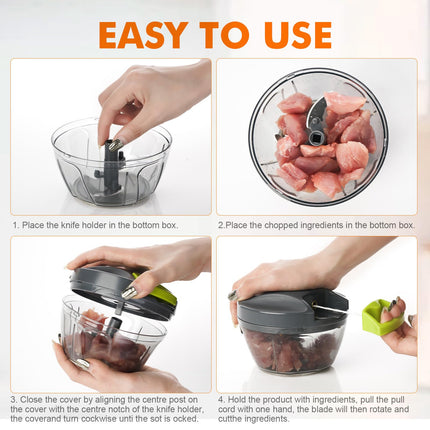 Procesador de alimentos manual, picador de verduras, picador de cebolla y ajo portátil con cortador de cuerda de mano para verduras, jengibre, frutas, nueces, hierbas, 500ml, para cocina, camping, RV, M501