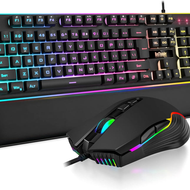 Wired Gaming Keyboard and Mouse and Wrist Rest Combo, RGB Backlit, Mechanical Feel Anti-ghosting Keyboard + 7D 7200 DPI