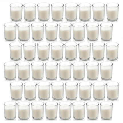 Paquete de 24 velas votivas de vidrio transparente con cera blanca cálida sin aroma. Velas de cera vertida a mano, regalos para aromaterapia, spa, bodas, cumpleaños, festivos y fiestas
