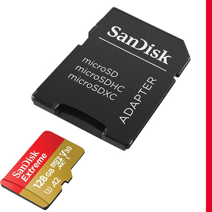 SANDISK 128GB Extreme microSDXC UHS-I Memory Card with Adapter - C10, U3, V30, 4K, 5K, A2, Micro SD Card - SDSQXAA-128G-GN6MA