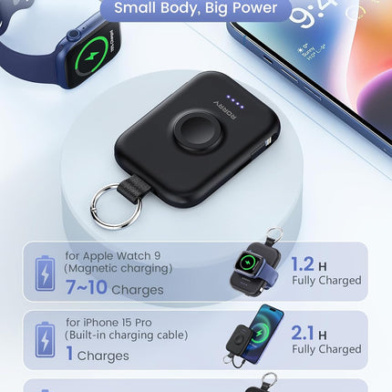 RORRY Portable Charger, 5000mAh Portable Charger Power Bank with Built-in Cables, Travel Keychain Battery Pack for Apple Watch Ultra/11/10/9/8/7/6/SE, iPhone Air/17/16/15/14/13/12, Black